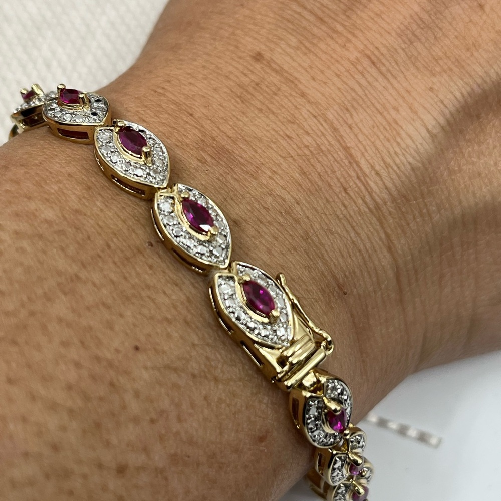 Vintage Gold-Over-Sterling Ruby & Diamond Accent Bracelet - 7.25” - Picture 3 of 17